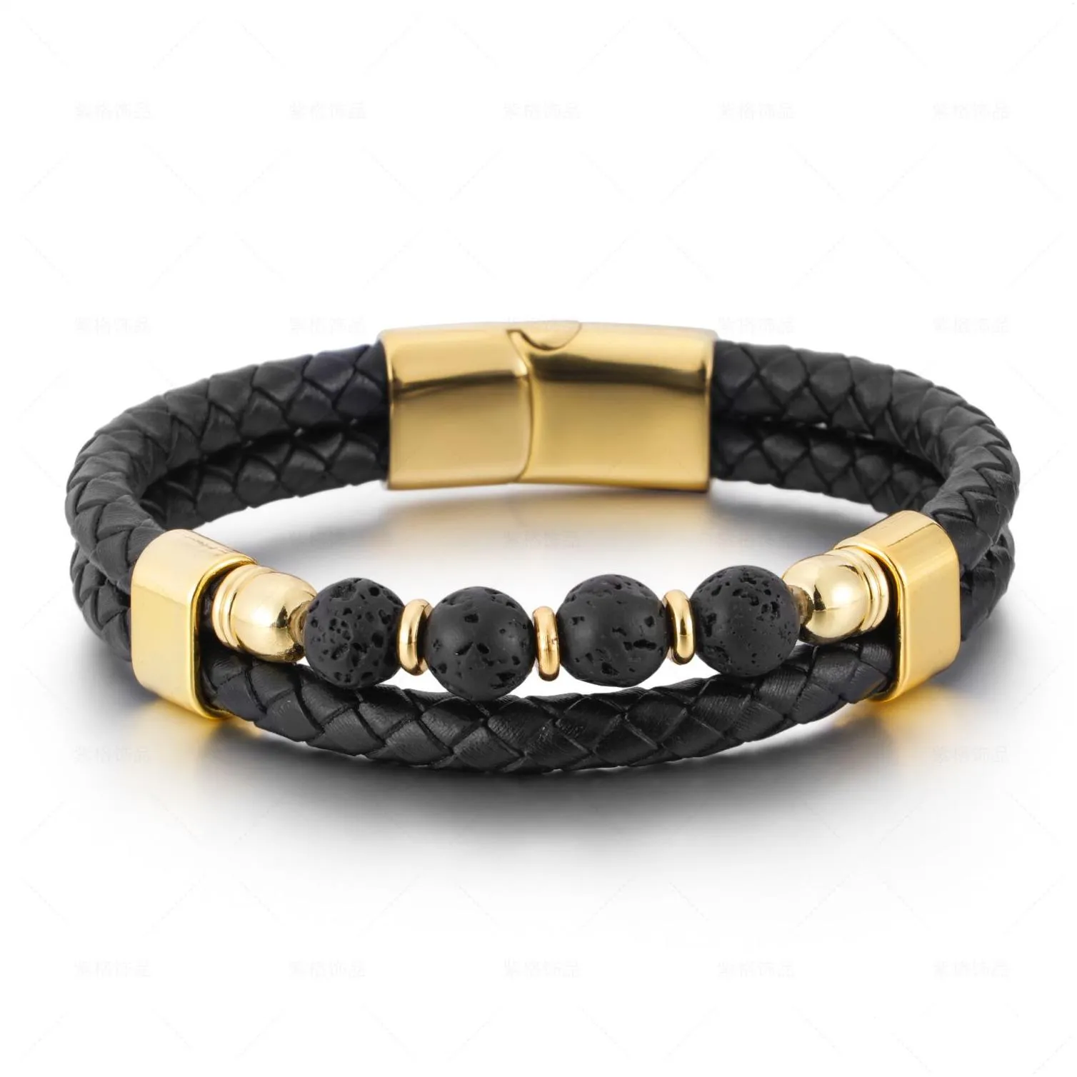 Handmade Gemstone Layered Braided Leather Bracelets for Men Link Chain Strand Fashion Magnetic Clasp Black Cord Vintage Wrist Band Rope Cuff Bangle