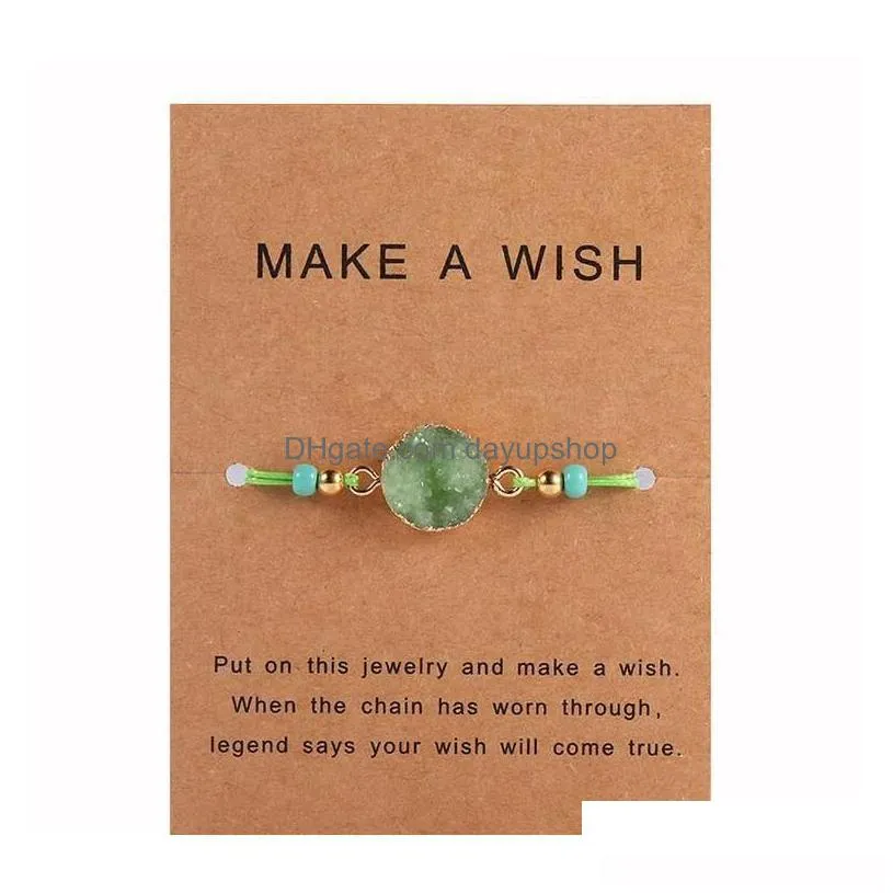 handmade druzy resin stone bracelet make a wish card wax rope braided bracelets bangles with rice bead for women girls