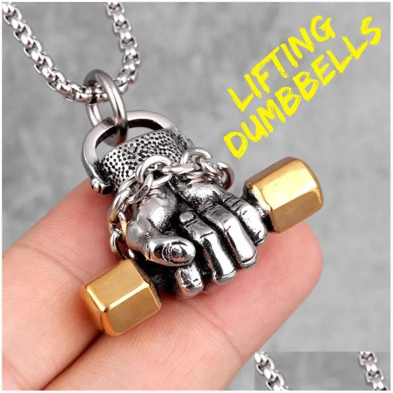 pendant necklaces fitness fist dumbbell men pendants chain punk for boyfriend male stainless steel jewelry creativity gift