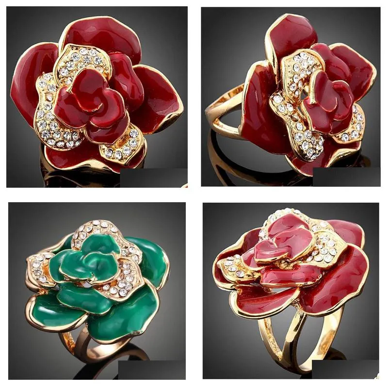 wedding rings vintage retro style crystal rhinestone big flower finger ring for women gold color enamel party jewelry