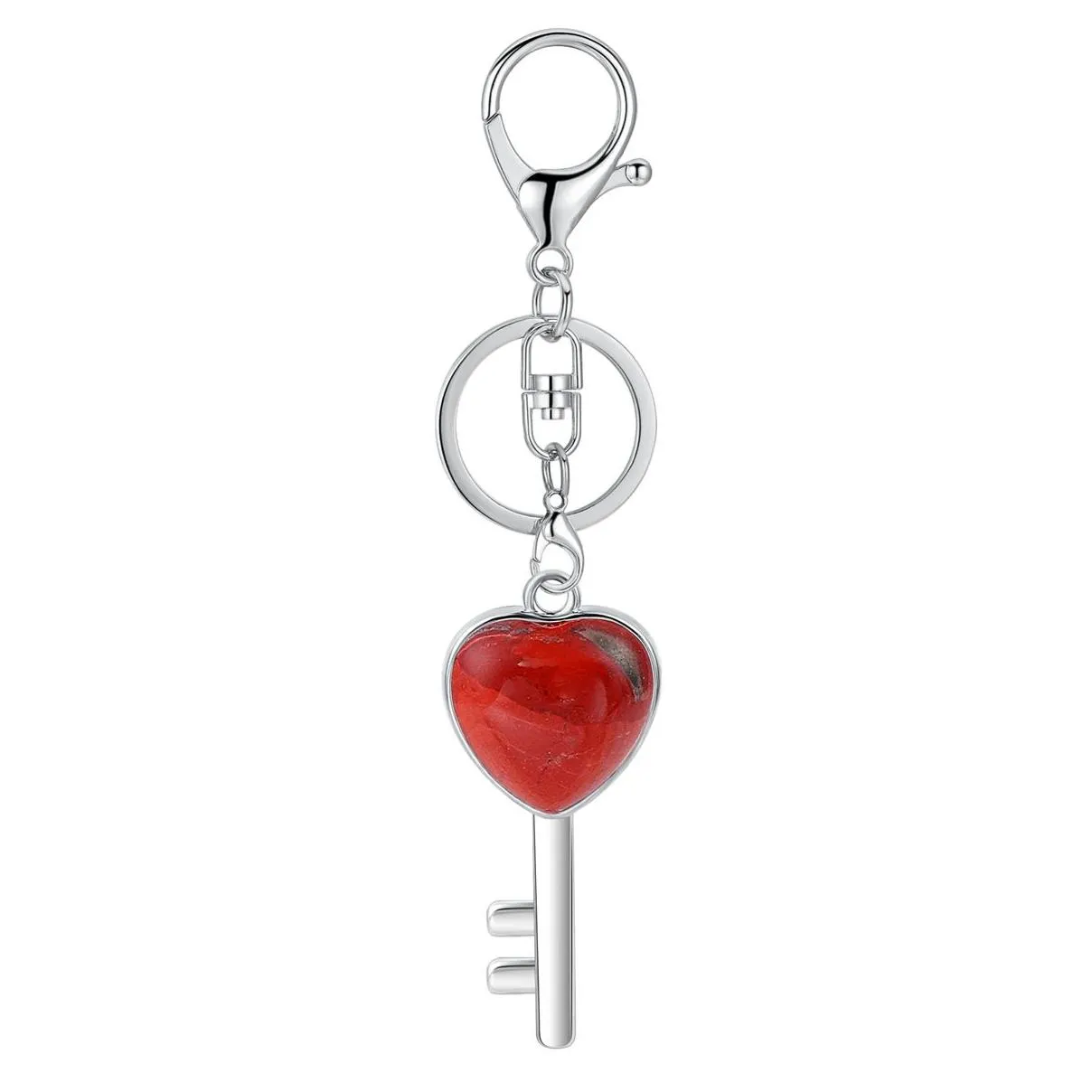 Women Key Shape Pendant KeyChain for Bag Car Natural Love Heart Gemstone Lucy Lock Crystal Men Healing Chakra Cute Keyring