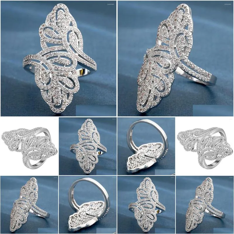 wedding rings personality full white crystal hollow flower ring female silver color big pave design women jewelry engagement gift