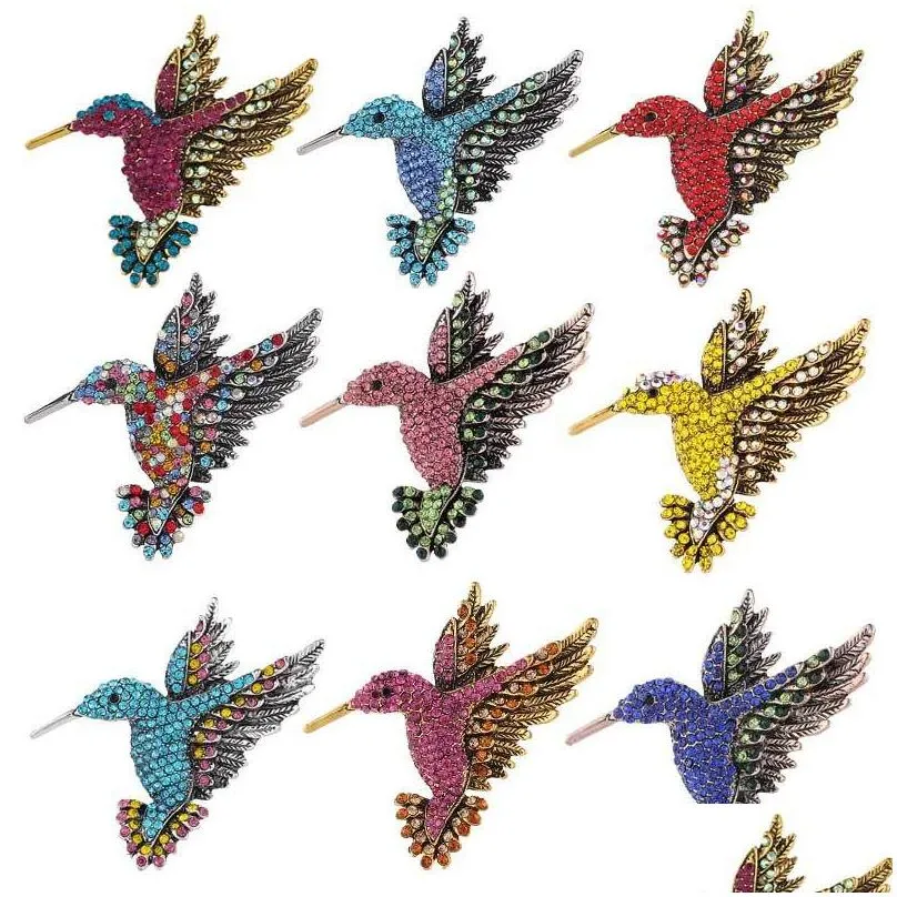 Antique Tone Bird Brooches Pins Hummingbird Multi Color Austrian Crystal Pin Brooch Jewelry Rhinestone Animal Brooches Clip for women men girl