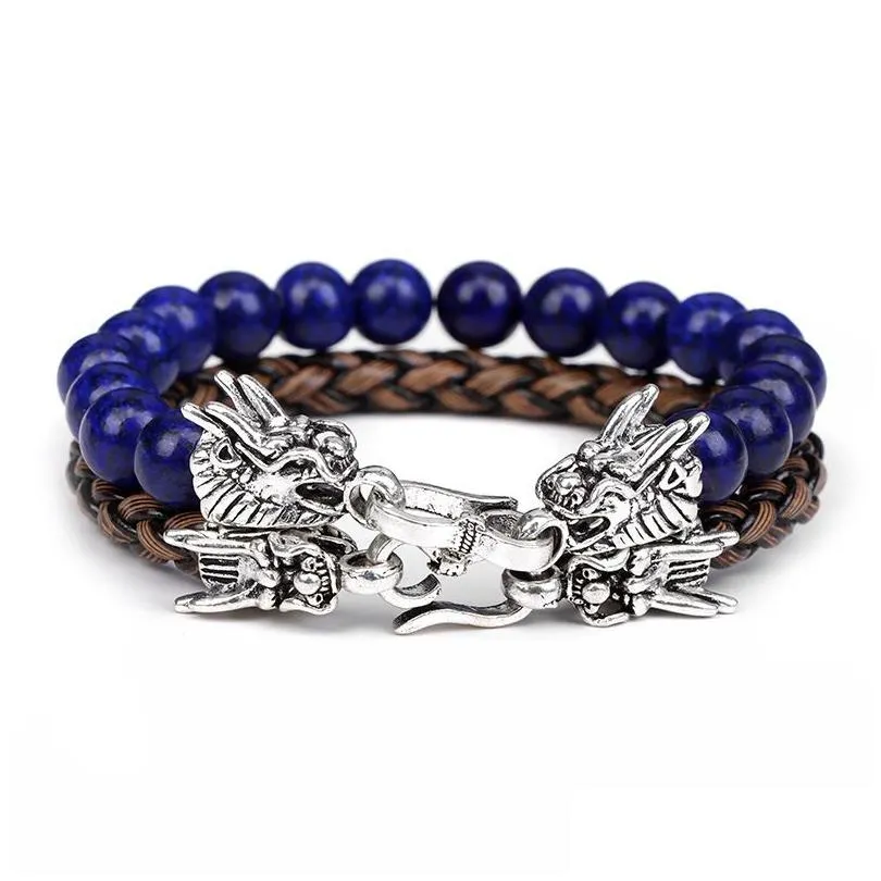 Fashionable Dragon Head Clasp Set Bracelets 8MM Natural Gemstone Beads Bracelet with Handmade Leather Rope Bracelet