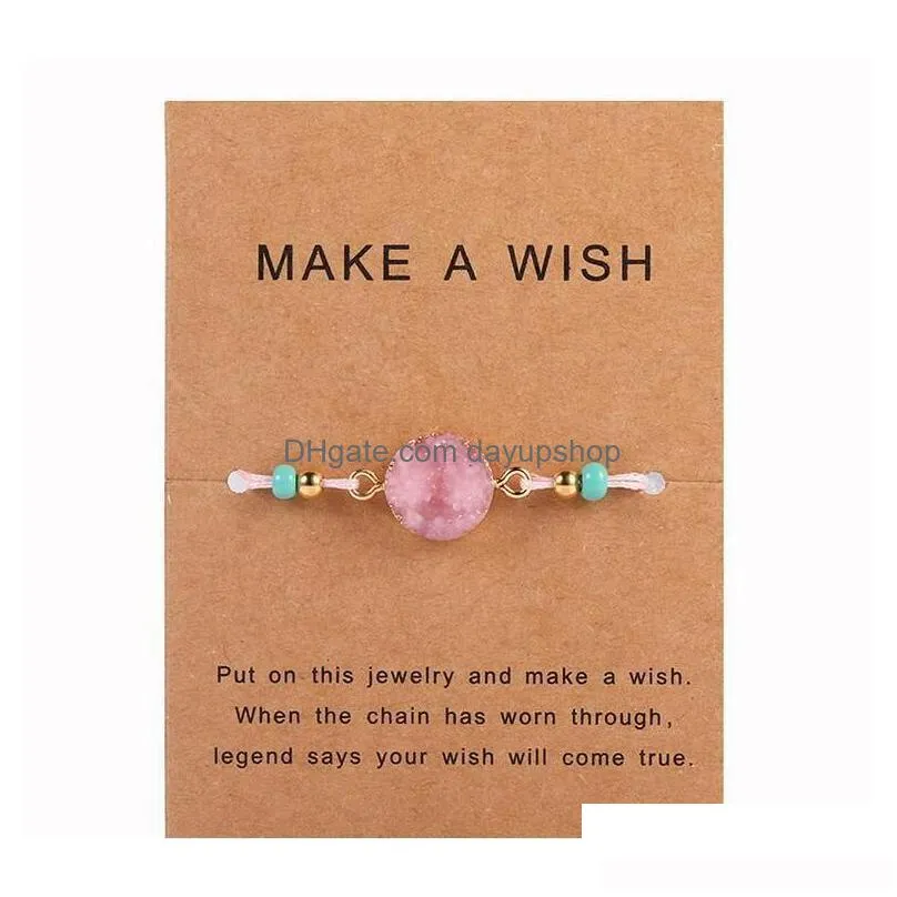 handmade druzy resin stone bracelet make a wish card wax rope braided bracelets bangles with rice bead for women girls