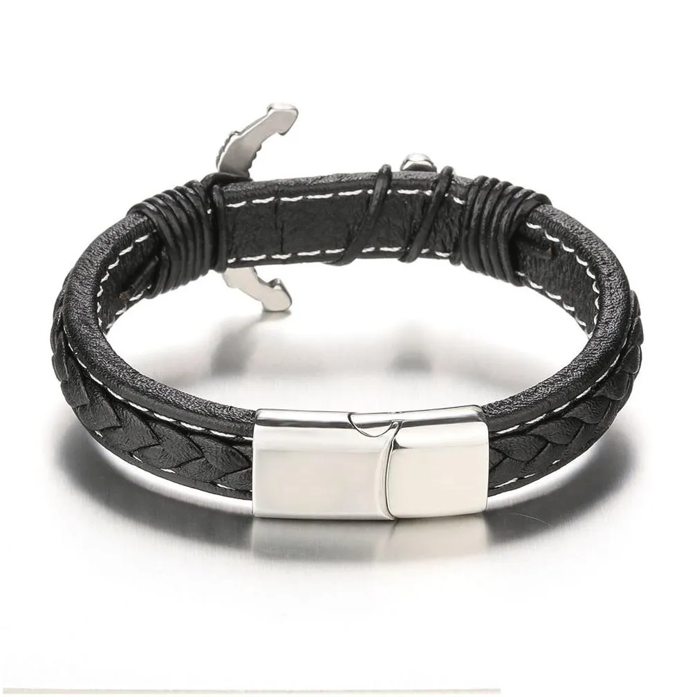Men`s Vintage Anchor Leather Bracelet Link Multilayer Cuff Wrap Rope Wristband Black Cord Wrist Band Rope Bangle Jewelry Magnetic