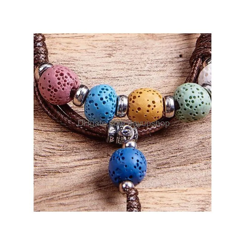 fashion bohemian multicolor lava stone bracelet for women men jewelry weave leather essential oil diffuser bracelet8062355