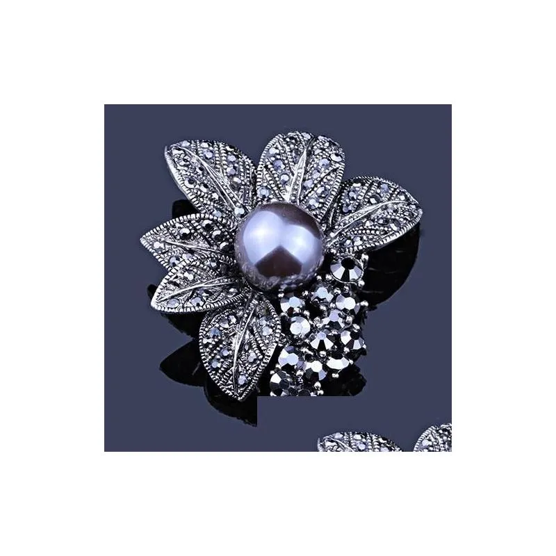 pins, brooches farlena jewelry imitated gray pearl crystal flower sweater pins and vintage black rhinestone brooch for women