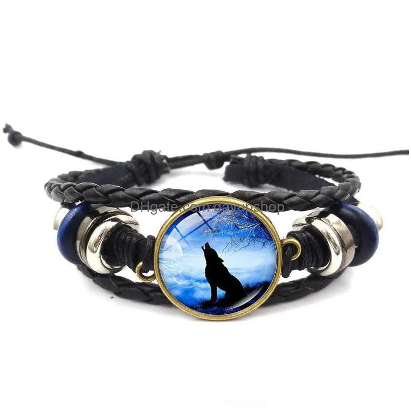 moon wolf howling handmade glass cabochon woven leather bangles mens black animal bracelet diy jewelry for women6479272