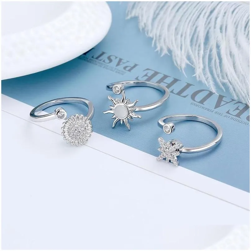 cluster rings fashion creative women metal open rotatable ring adjustable zircon flower decompression compression jewelry gifts