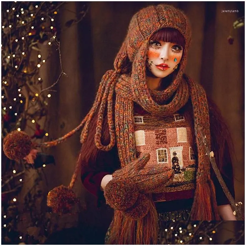 berets bomhcs fashion beanie scarf & gloves cute women winter warm thick handmade knit hat caps