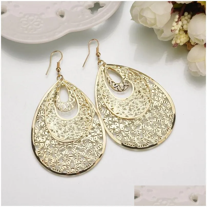 new exaggerated metal water drop dangle earrings atmospheric disc multi-level fashion retro round boho style hollow ladies