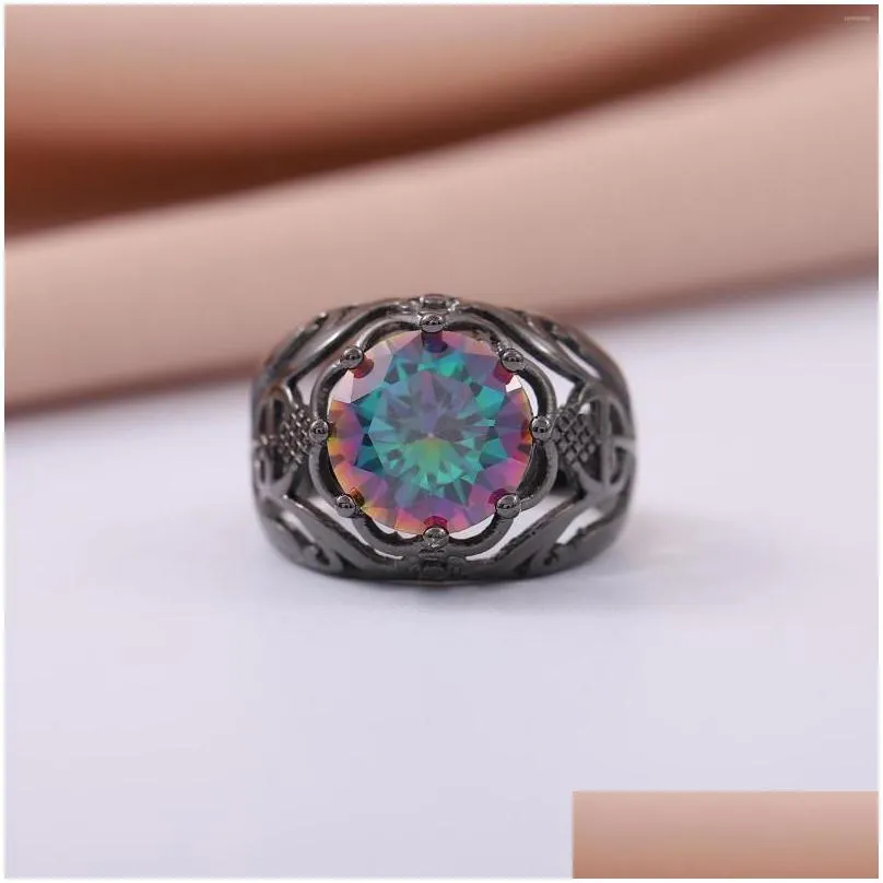 wedding rings vintage pattern black gun plated rainbow fire crystal cz fashion jewelry women evening party cocktail gift