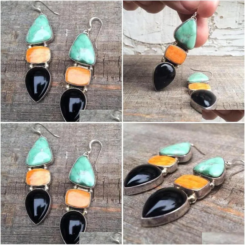 dangle & chandelier boho vintage geometric irregular stone earrings for women tibetan ethnic statement hook wedding party