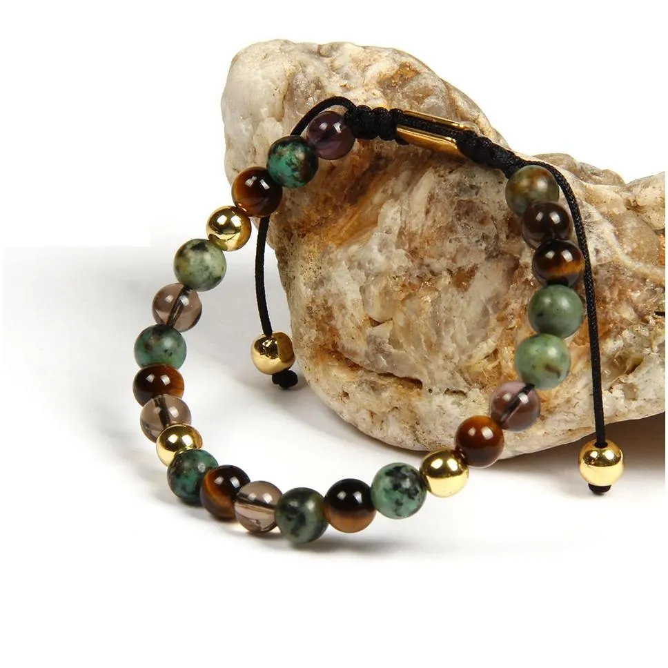 natural stone macrame braided yoga bracelet with 6mm tiger eye african stone beads stainless steel jewelry not fade