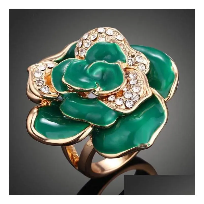 wedding rings vintage retro style crystal rhinestone big flower finger ring for women gold color enamel party jewelry