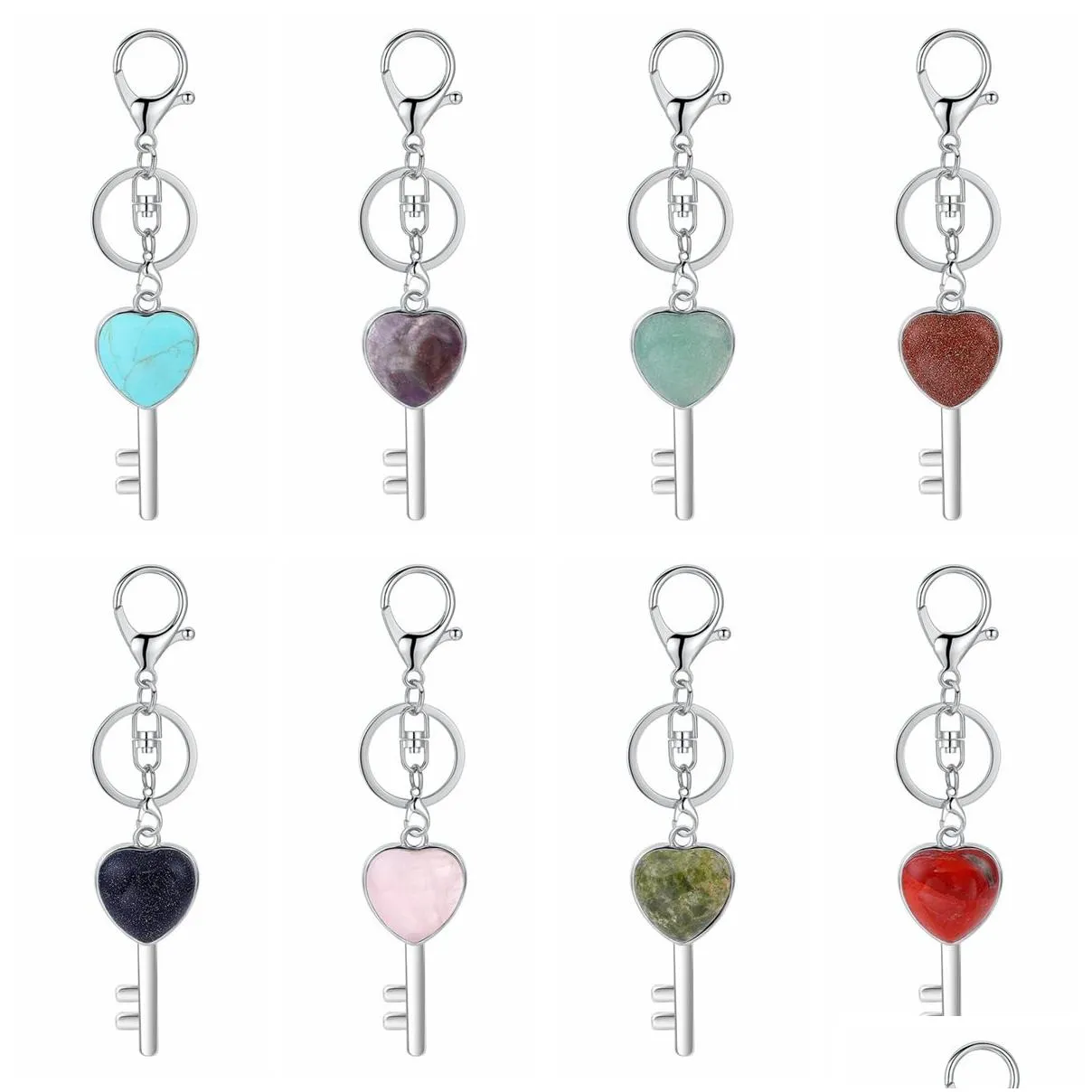 Women Key Shape Pendant KeyChain for Bag Car Natural Love Heart Gemstone Lucy Lock Crystal Men Healing Chakra Cute Keyring