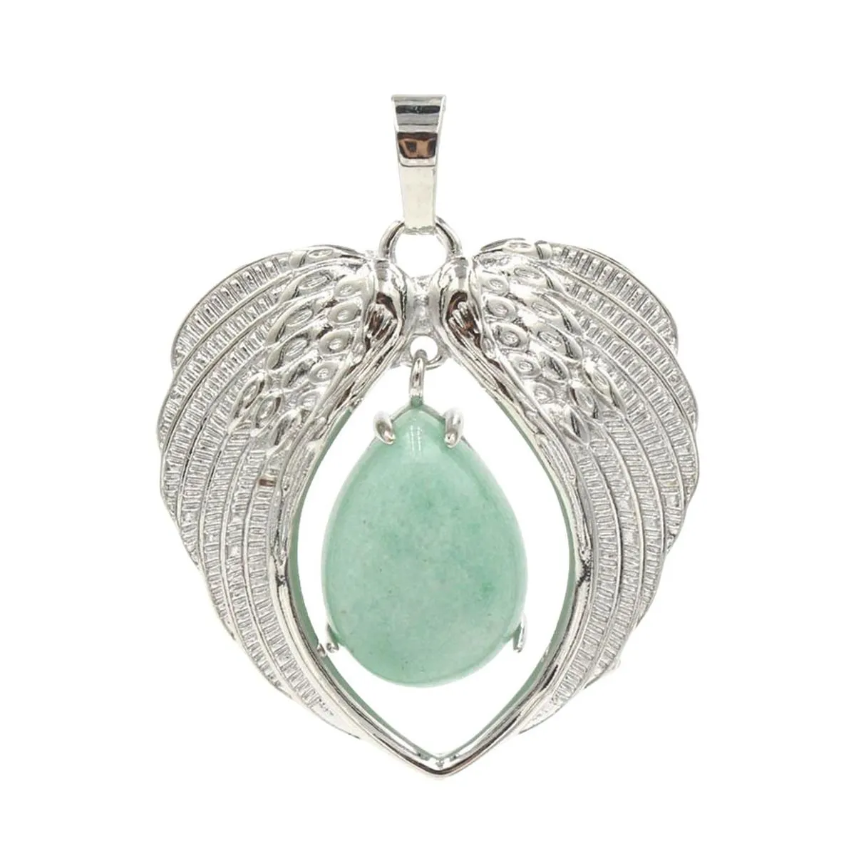 Silver Alloy Heart Gemstone Pendant Necklace Angle Wings Teardrop Stone Choker Healing Chakra Crystal Jewelry