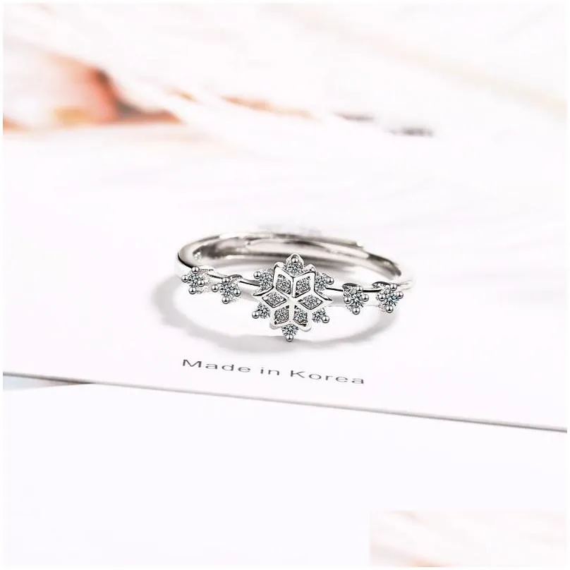 cluster rings creative zirconia snowflake flower  cute sweet 925 sterling silver female resizable opening sri365