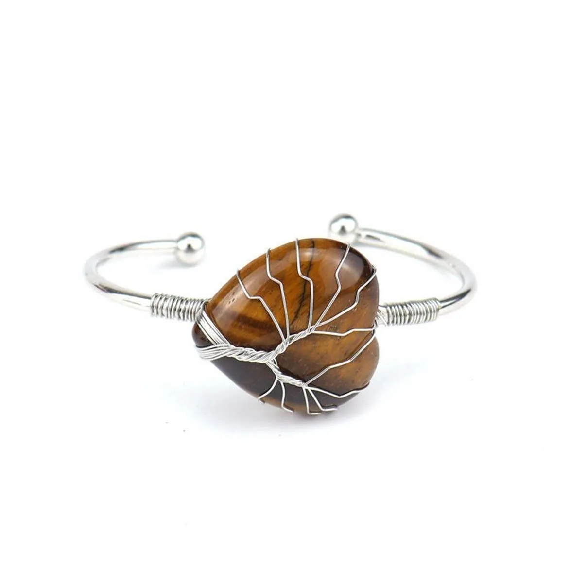 Wholesale Healing Tiger Eye Bracelet Charm Tree of Life Wire Wrapped Natural Gemstone Bangle Women Men Jewelry
