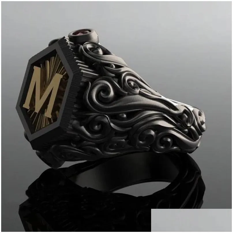 wedding rings classic retro black men gold filling carving m letter signet steampunk for birhday gift party gothic jewelry