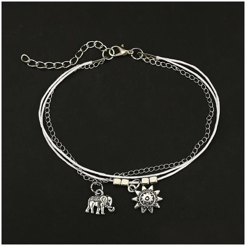 Bohemian alloy animal foot ornament elephant sun multi-layer leather rope square bead chain anklet