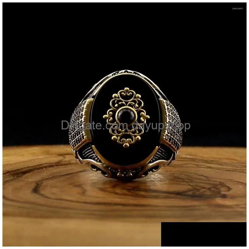 wedding rings vintage classic men`s ring fashion metal gold color inlaid black stone zircon punk men engagement luxury jewelry