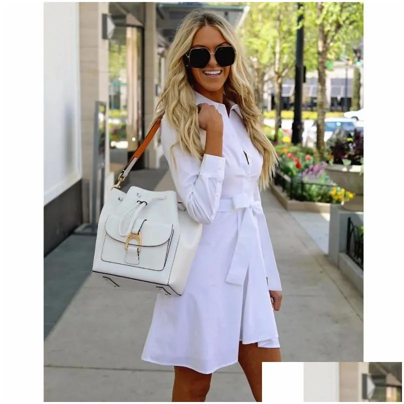 Women White Long Sleeve Shirt A-line Dress Summer Elegant Woman Bloues Clothing Fashion