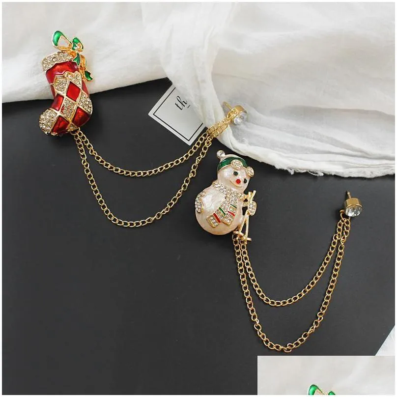 pins, brooches exquisite xmas brooch chain pins snowman stockings santa christmas socks hat rhinestone for women gift spille