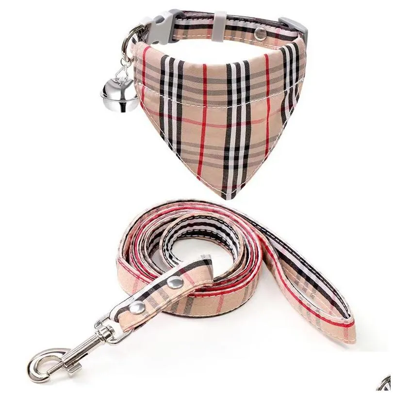 dog leash collar set - 2 pack embroidery pawprints plaid dog collars and leash  bandana collar with bell adjustable collar set for dogs cats outdoor