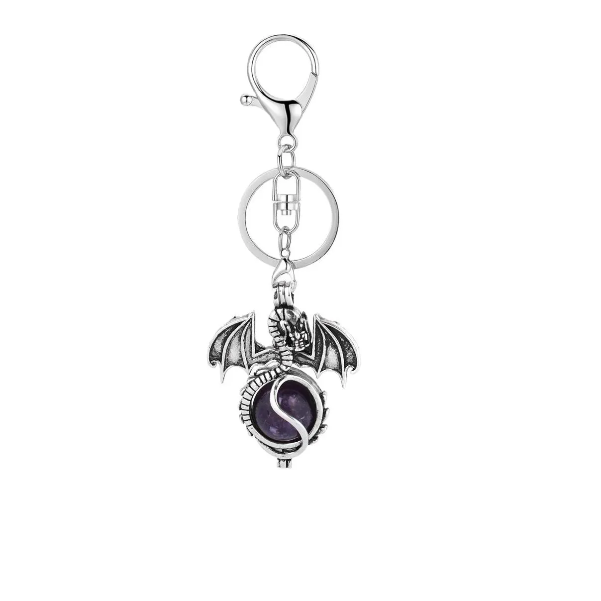 Silver Alloy Pterosaur Gemstone Pendant Keychain for Women Men Wings Dragon Chakra Reki Healing Crystal Tassel Keyring