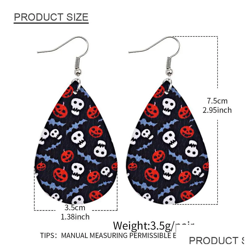 new arrival halloween pattern teardrop faux leather earrings for women skull punk long lightweight drop dangle earrings wholesale