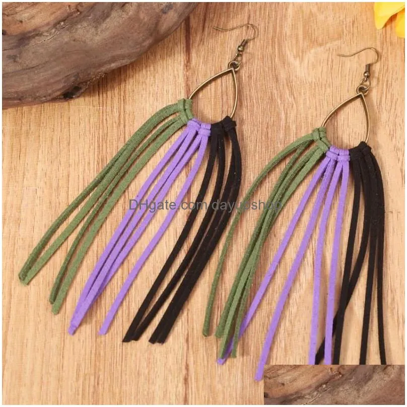 dangle & chandelier teardrop accented rainbow suede leather tassel boho earrings for women fashion 16 cm long fringe statement jewelry