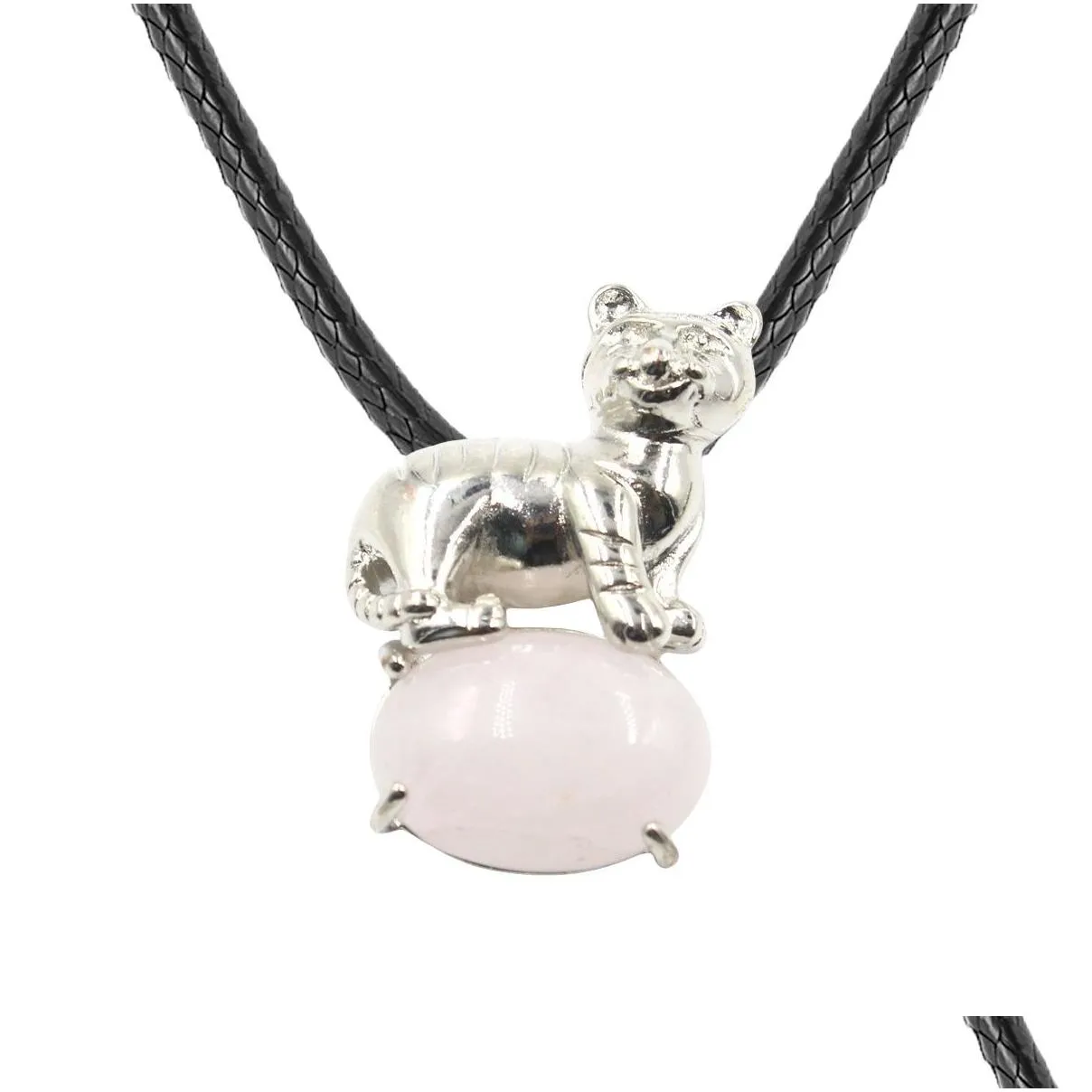 Silver Tiger Alloy Gemstone Pendant Necklace Black Cord Healing Chakra Crystal Reiki Spiritual Protection Energy Oval Stone