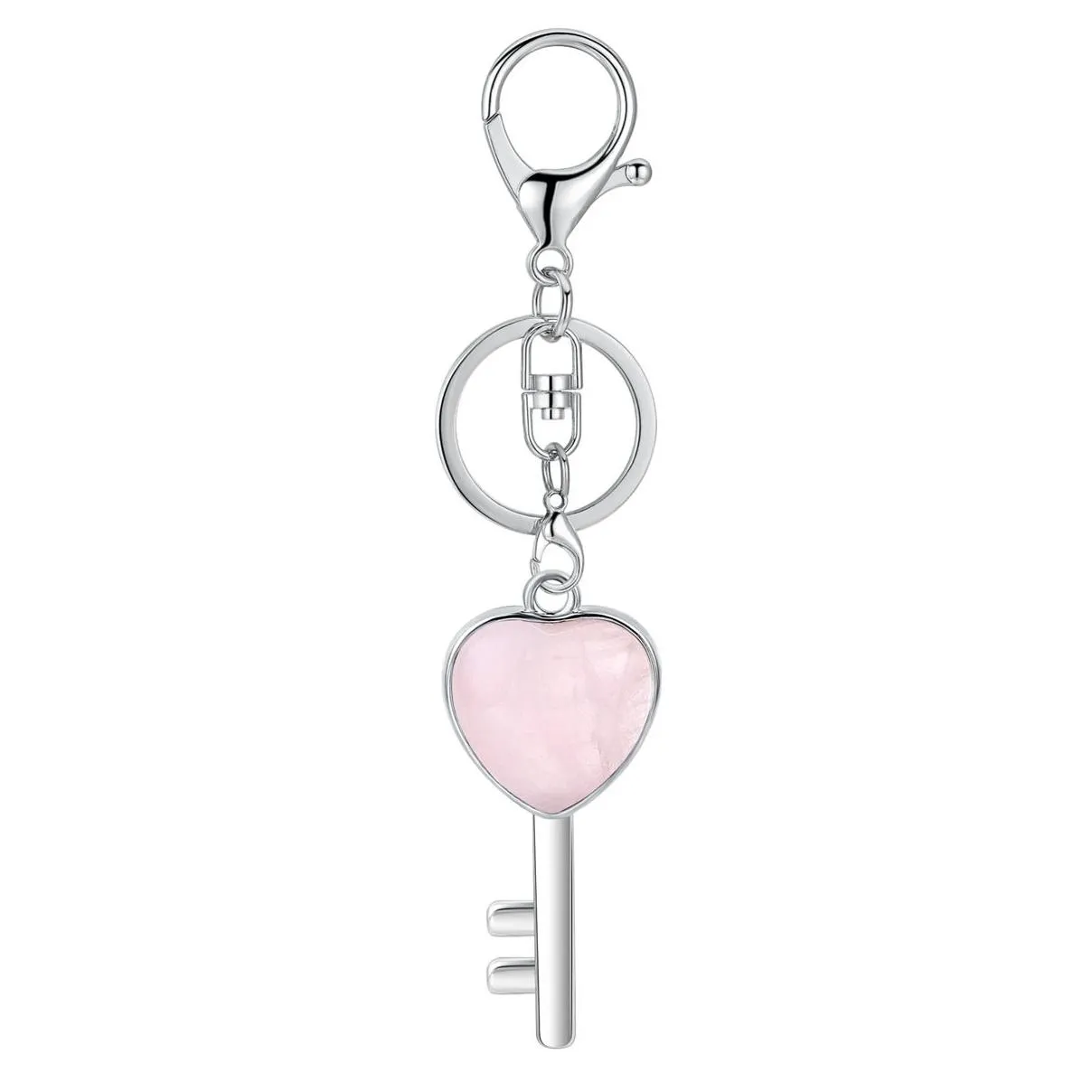 Women Key Shape Pendant KeyChain for Bag Car Natural Love Heart Gemstone Lucy Lock Crystal Men Healing Chakra Cute Keyring