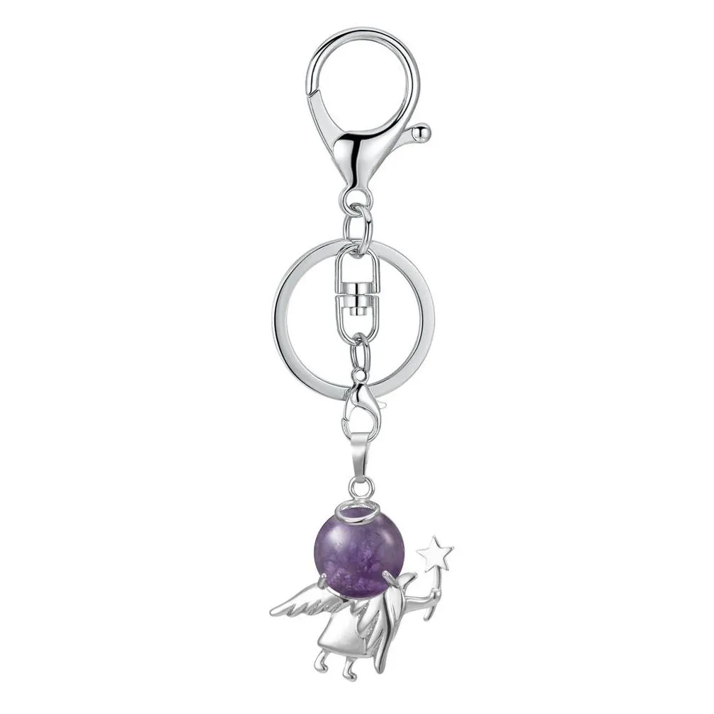 Natural Fairy Stone Pendant Keychain for Women Custom Angle Wing Magic Wand Crystal Key Chain Silver Metal Keyring