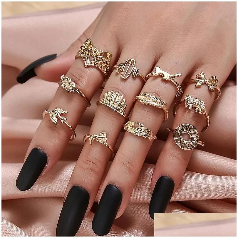 cluster rings bohemian hollow water drop pattern vintage ring set crystal flower leaf hand for women gift