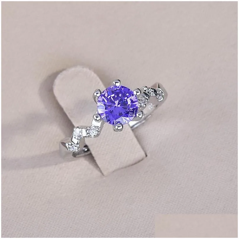 wedding rings classic silver plated hearts and arrows purple crystal open for women shine cz stone inlay fashion jewelry band