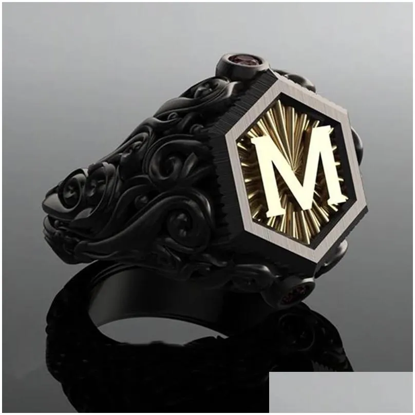 wedding rings classic retro black men gold filling carving m letter signet steampunk for birhday gift party gothic jewelry