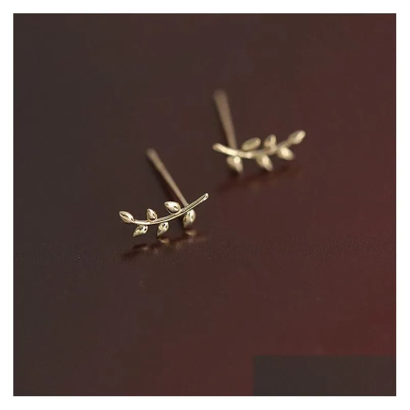 silver european style gold stud earrings for women simple olive branch leaf earring sweet cute student jewelry
