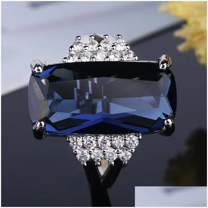 cluster rings blue crystal 925 silver ring sparkling cz vintage fashion elegant fit wedding anniversary banquet for women princess