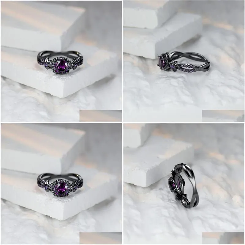 wedding rings purple round zircon engagement ring classic black gold color female cute small star flower for women jewelry