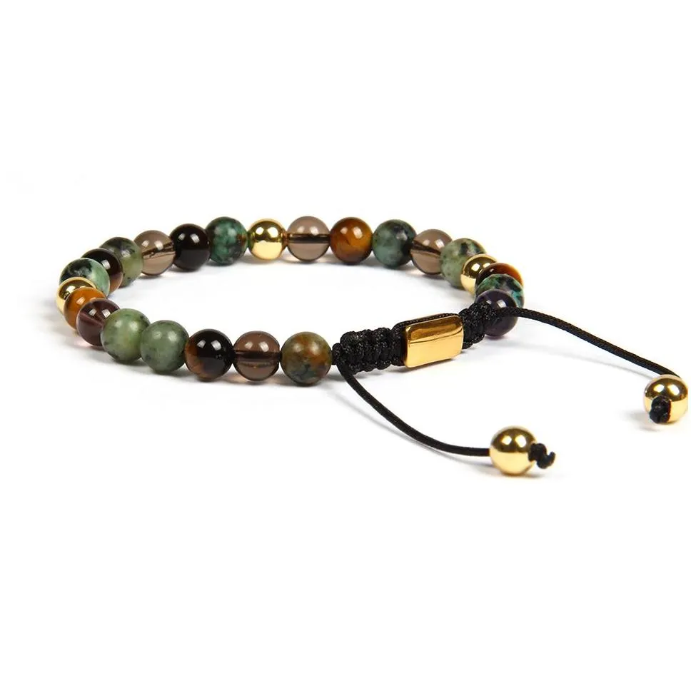 natural stone macrame braided yoga bracelet with 6mm tiger eye african stone beads stainless steel jewelry not fade