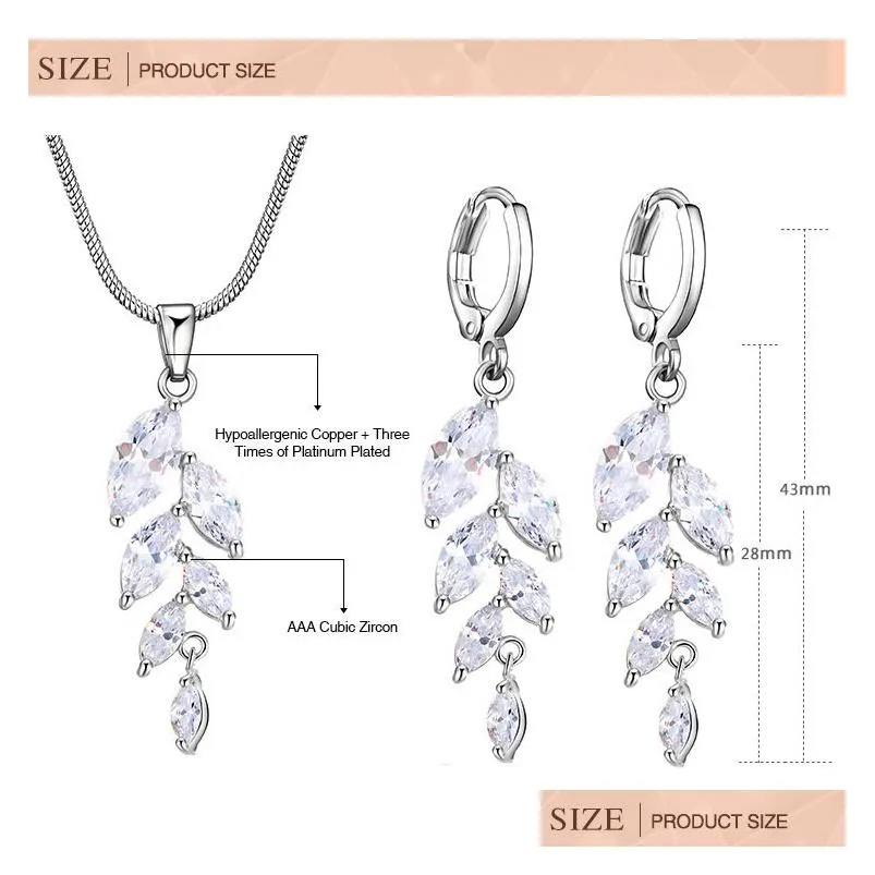 romantic sparkling cubic zirconia silver color big wheat ear pendant necklace earrings sets for women costume jewelry