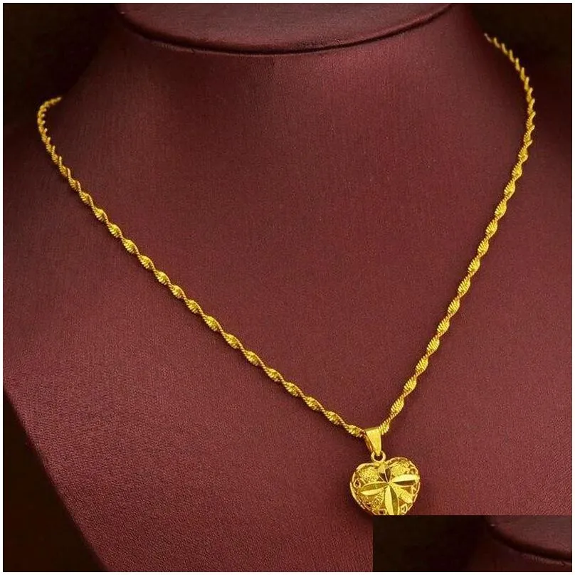 pendant necklaces pure gold color chain for women real 24k gp women`s fashion jewelry heart choker necklace wedding gift