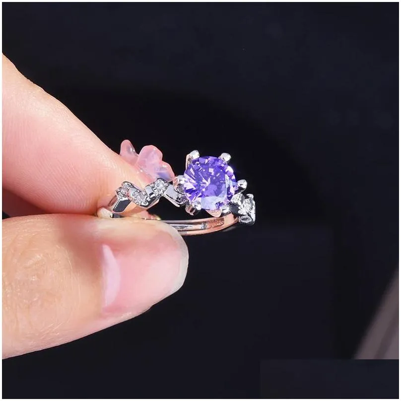 wedding rings classic silver plated hearts and arrows purple crystal open for women shine cz stone inlay fashion jewelry band