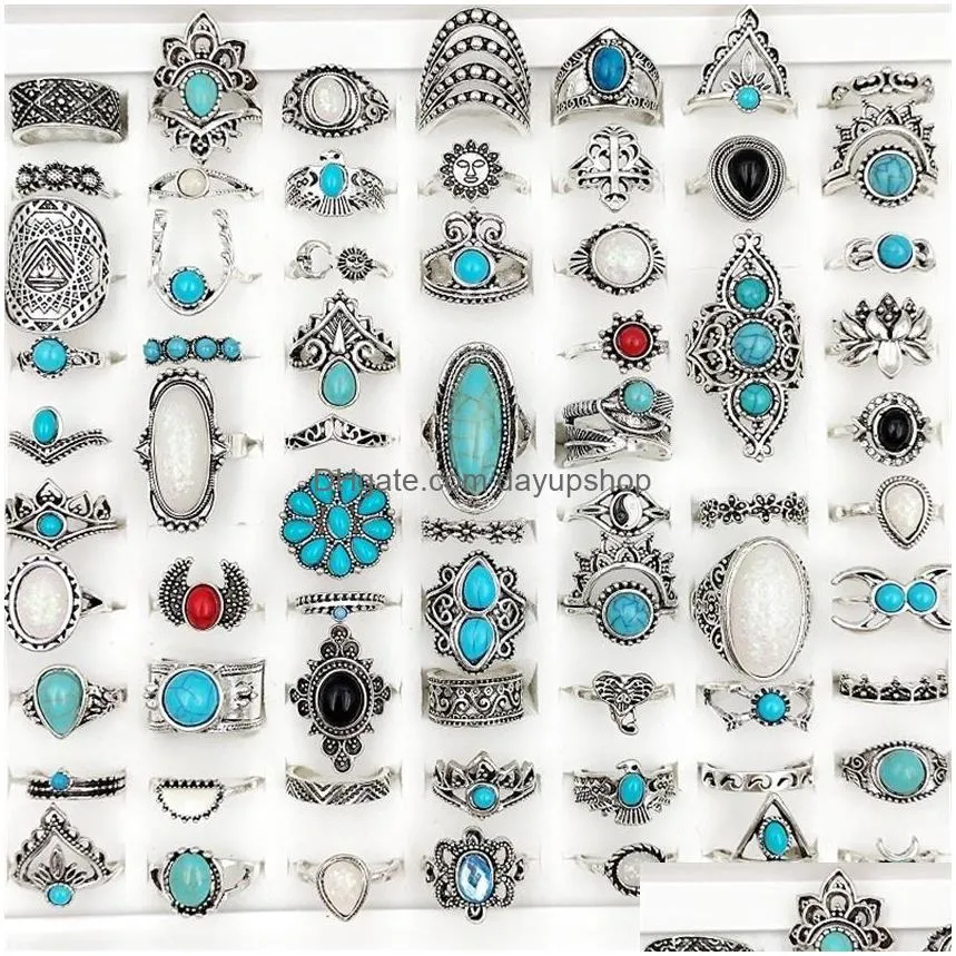 band rings 50 100pcss lot vintage boho blue stone turquoise for women whole mix styles ethnic finger ring set jewelry party gifts