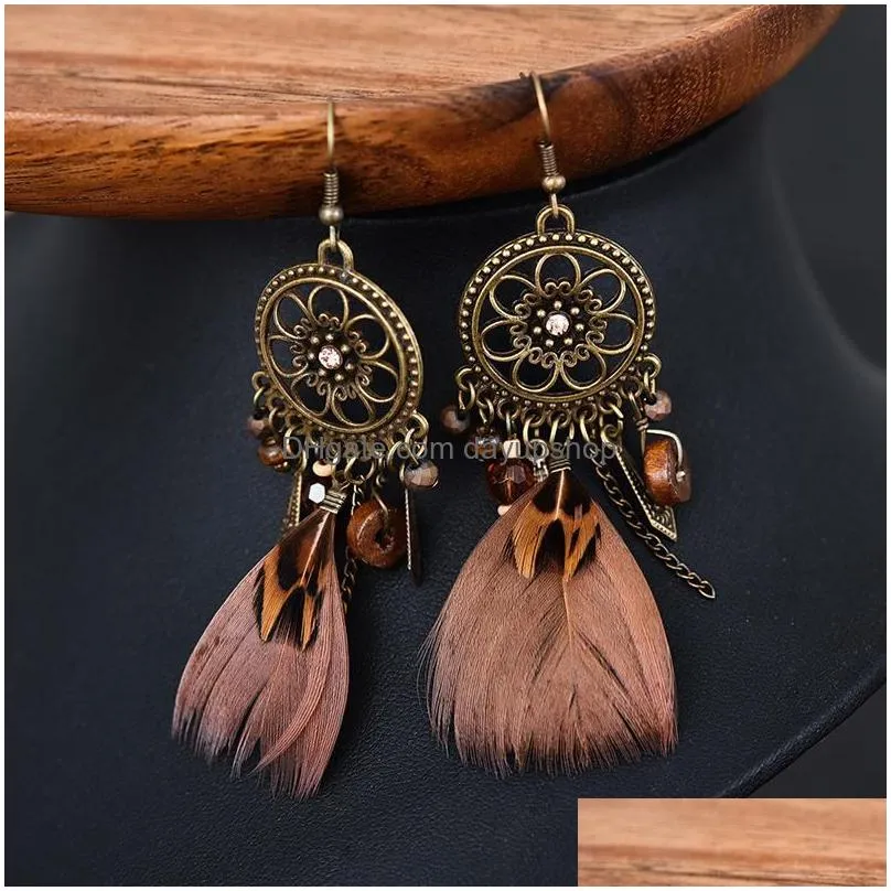 dangle & chandelier vintage feather earrings statement round hollow flower wood beads bohemian ethnic tassel earringsdangle