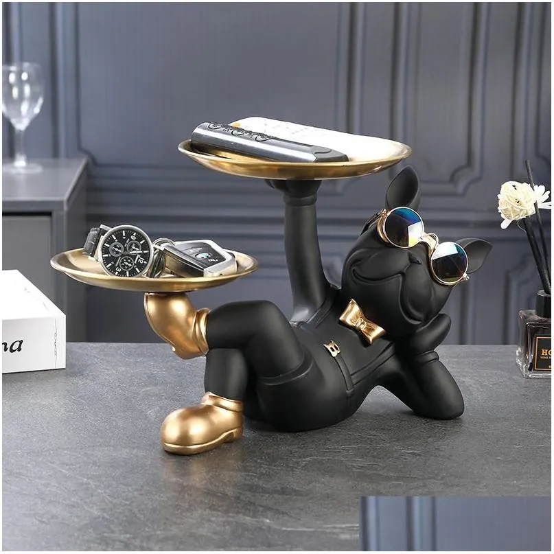 decorative objects figurines resin dog statue butler with tray for storage table live room french bulldog ornaments sculpture craft gift