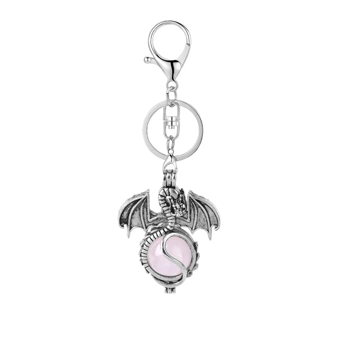 Silver Alloy Pterosaur Gemstone Pendant Keychain for Women Men Wings Dragon Chakra Reki Healing Crystal Tassel Keyring